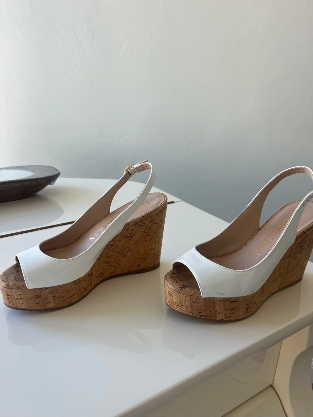 Stuart Weitzman White Patent Leather Cork Wedge Slingbacks - Picture 5 of 5